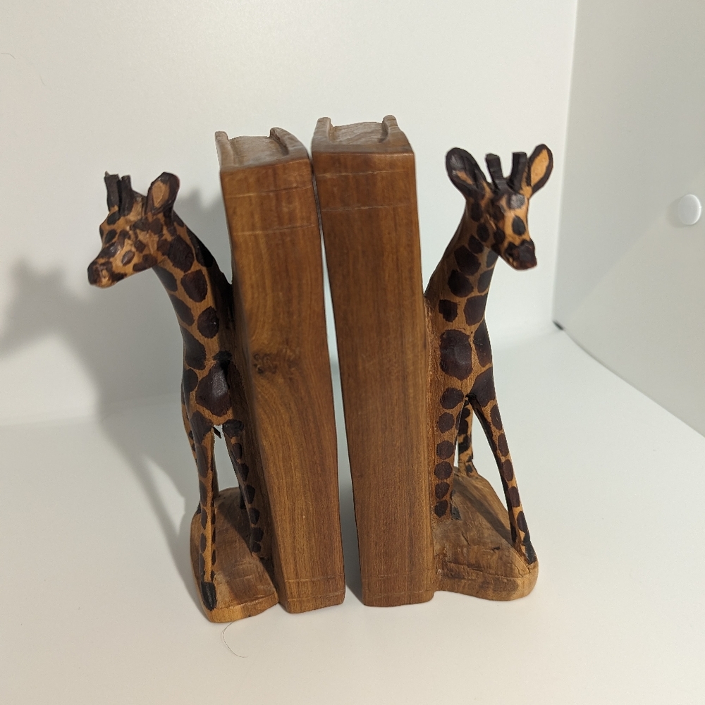 Vintage Giraffe Bookends - Carved Wood Giraffe Sculptures
